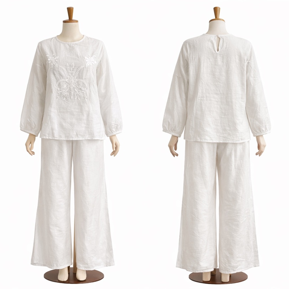 White Embroidered Linen Blend 2-Piece Set (Top + Pants) Boho Cottagecore Size S